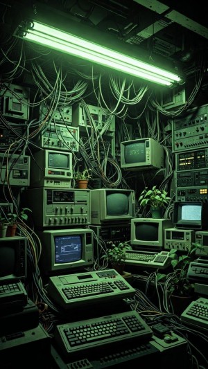 Overgrown cyberpunk server hub with electric green glow