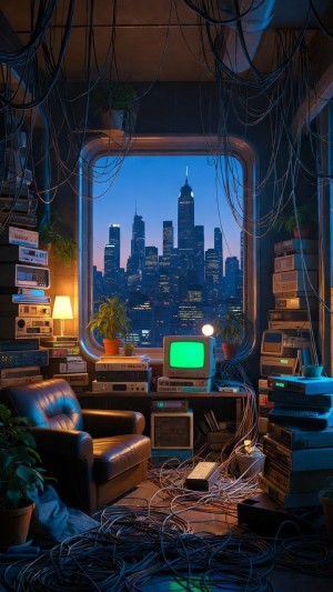Retro-tech sanctuary overlooking a twilight urban sprawl