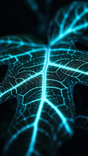 Bioluminescent leaf veins glowing with neon blue light